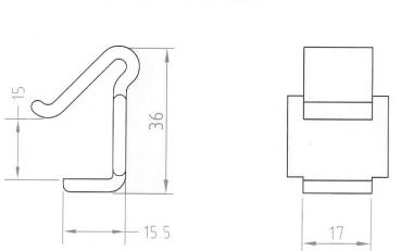 Befestigung durch Clipse mit Klettverschluss. Tischrock und Clipse werden miteinander durch Klettverschluss verbunden. Auf dem Clip ist ein Klettstreifen (Hacken) aufgeklebt. An der Befestigungsstelle vom Tischrock ist ein Klettstreifen (Flausch) angenäht