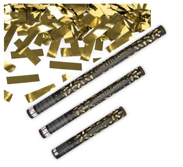 Konfettikanone, streamer mit goldenen, metallischen Konfetti