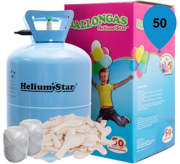 Helium, Ballongas mit 50 Luftballons und Kordel. Einwegflasche